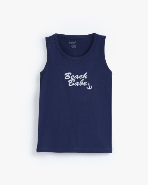 Boys navy blue graphic print cotton sleeveless vest with Beach Babe anchor text 6 yrs Front | Locafy