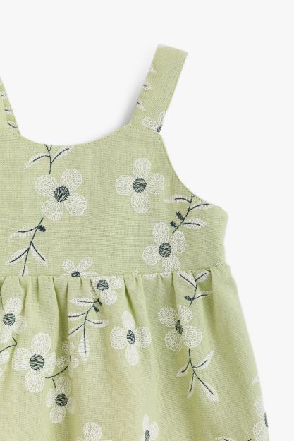 Baby girl sage green floral embroidered linen-blend dress with keyhole back and shoulder straps 3-6 mth Front | Locafy