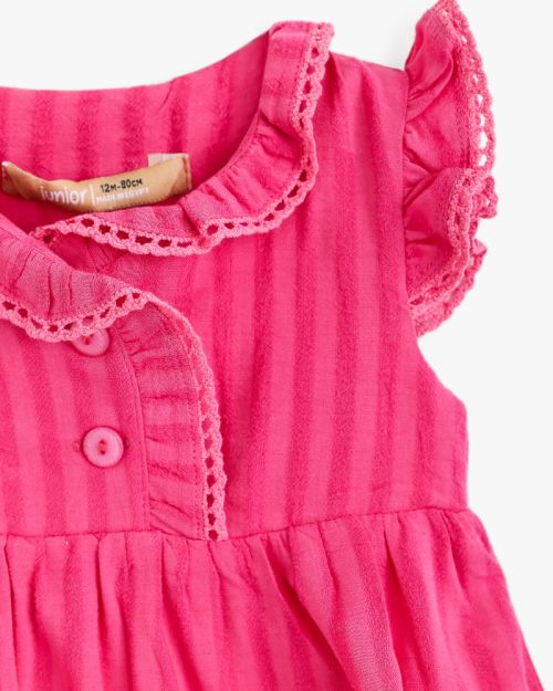 Junior Girls Pink Striped Ruffle Collar Dress 1