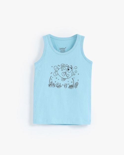 Boys light blue cotton sleeveless vest with cartoon ocean fish graphic print 3-6 mth Front | Locafy