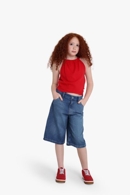 Girls baggy wide-leg denim shorts in medium blue wash with five-pocket design 4 yrs Front | Locafy