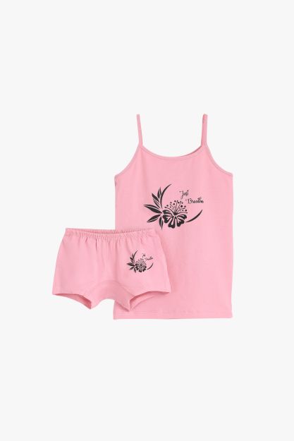 Girls pink cotton cami and shorts underwear set with black floral print 4 yrs Front | Locafy