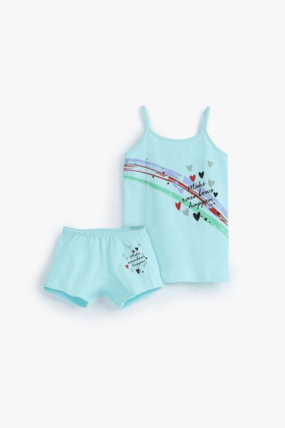 Girls mint cotton cami and shorts underwear set with rainbow and heart print 6 yrs Front | Locafy
