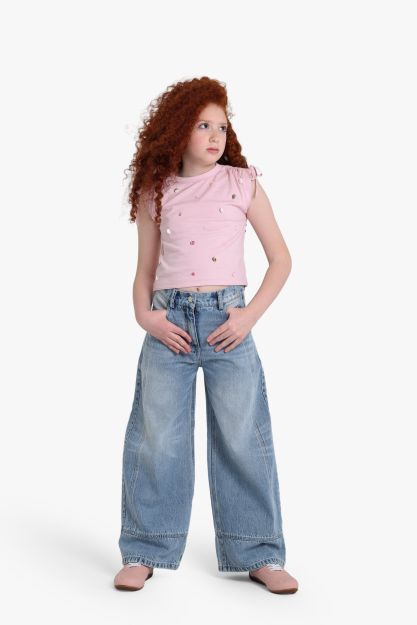 Girls pink cropped jersey top with colourful scattered gem embellishments and tie shoulders 4 yrs Front | Locafy