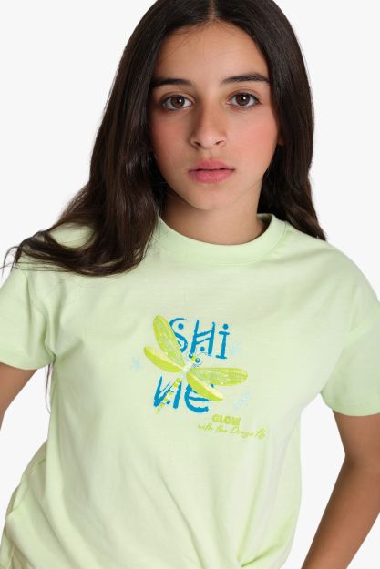 Girls' light green cotton short sleeve t-shirt with dragonfly shine graphic print 4 yrs Front | Locafy