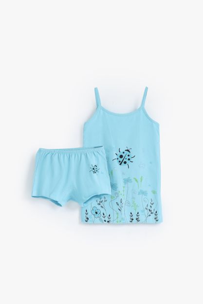 Girls light blue printed vest and shorts underwear set with nature bug and floral design 6 yrs Front | Locafy