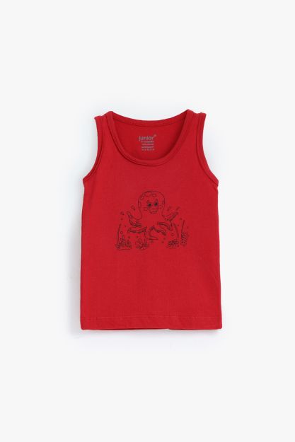 Red ribbed cotton sleeveless vest for baby girls with navy octopus graphic print 3-6 mth Front | Locafy