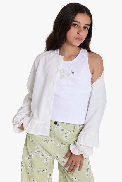 Girls white ribbed crop tank top with floral and dragonfly embroidery - Locafy kidswear 4 yrs Front | Locafy