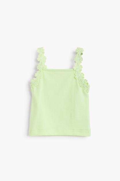 Girls mint green ribbed tank top with floral lace shoulder straps 3-6 mth Front | Locafy