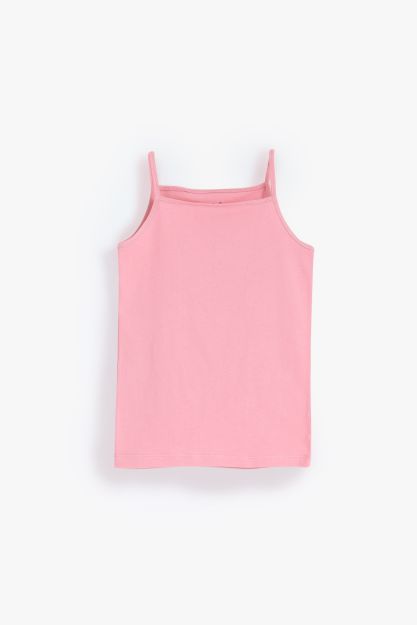 Girls pink stretch lycra camisole vest top with thin spaghetti straps 4 yrs Front | Locafy
