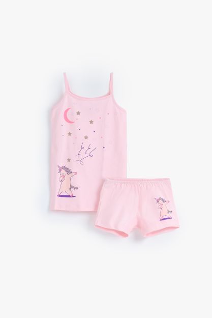 Girls pink unicorn print cotton cami and shorts underwear set 6 yrs Front | Locafy