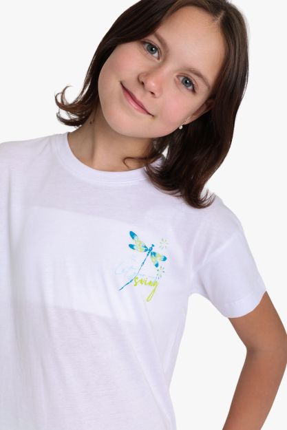 Girls white short-sleeve cotton t-shirt with colorful dragonfly graphic print 4 yrs Front | Locafy