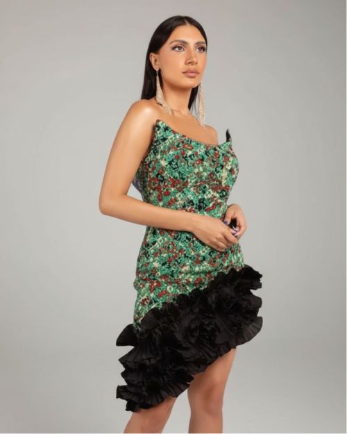 Green Sequin Mini Dress with Black Feather Hem