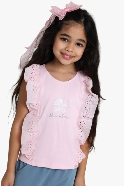 Girls Pink Ruffle Sleeveless Top with Eyelet Lace Detail 1