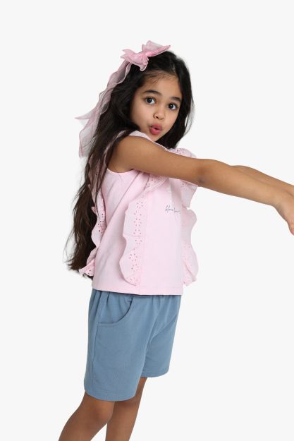 Girls Pink Ruffle Sleeveless Top with Eyelet Lace Detail 1