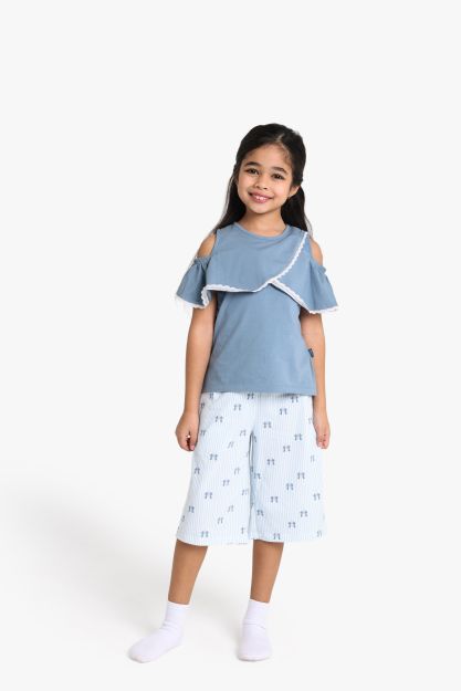 Girls Cold Shoulder Ruffle Top with Printed Culottes Set