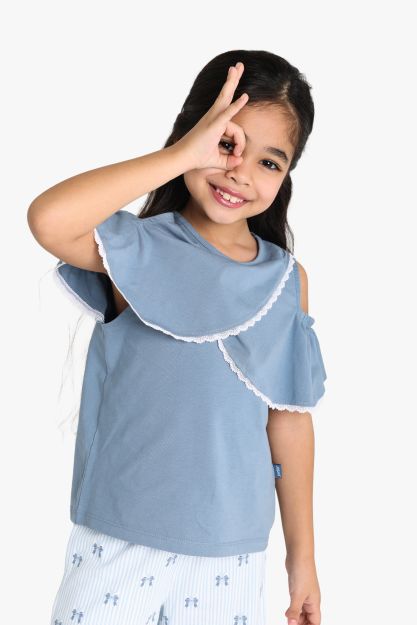 Girls Cold Shoulder Ruffle Top with Printed Culottes Set 1