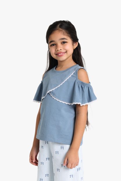 Girls Cold Shoulder Ruffle Top with Printed Culottes Set 1