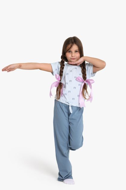 Girls Bow Print Striped T-Shirt with Wide Leg Pants Set