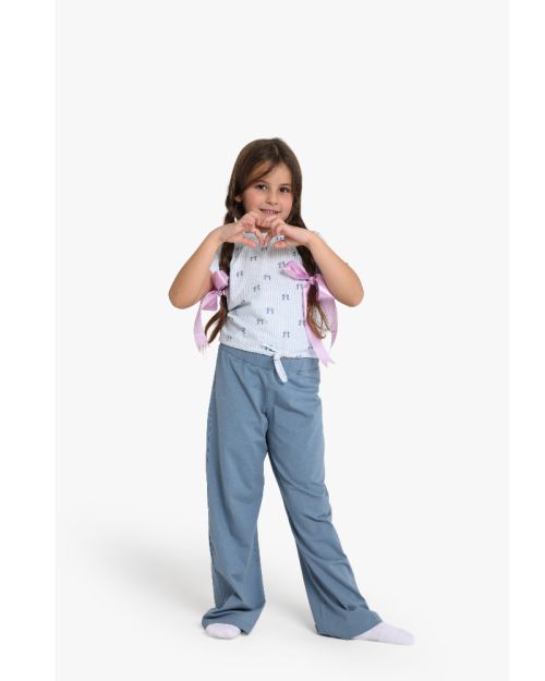 Girls Bow Print Striped T-Shirt with Wide Leg Pants Set