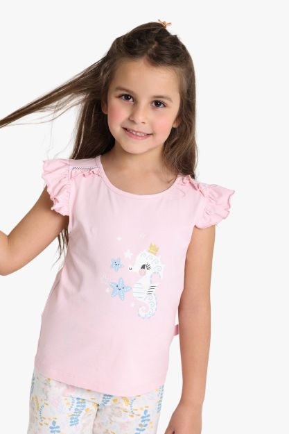 Girls Seahorse Print Ruffle Sleeve Pajama Set 1