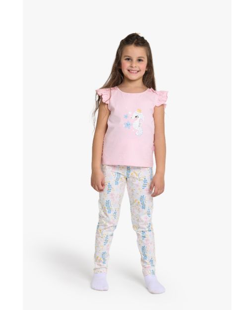 Girls Seahorse Print Ruffle Sleeve Pajama Set 1