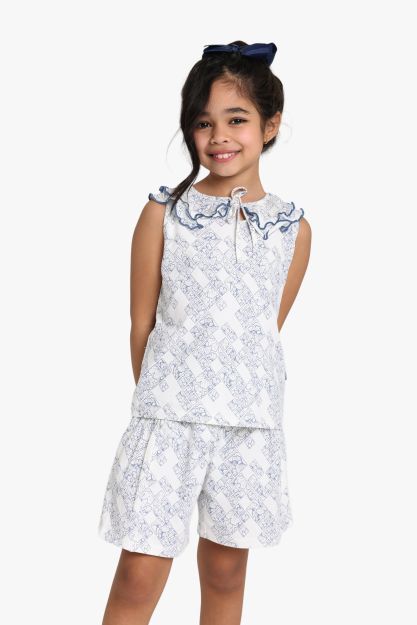 Girls White & Blue Floral Print Ruffle Collar Top & Skirt/Shorts Set 1