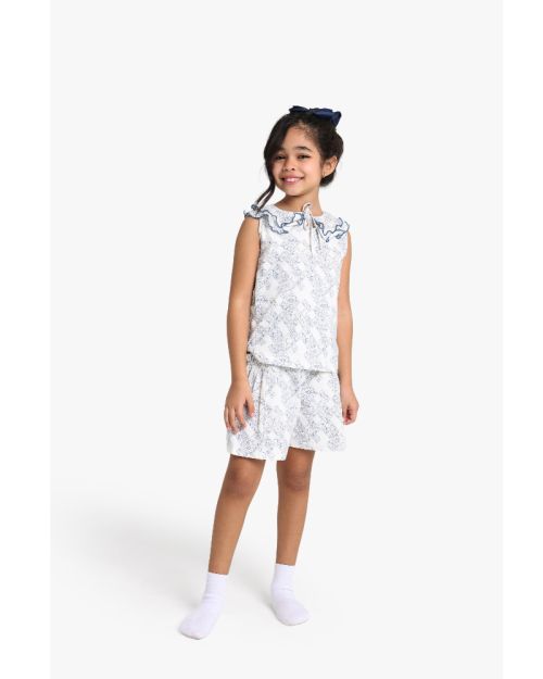 Girls White & Blue Floral Print Ruffle Collar Top & Skirt/Shorts Set 1