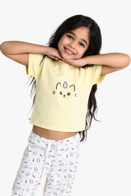Girls Unicorn Cat Print Pajama Set - Yellow Top & White Printed Pants 1