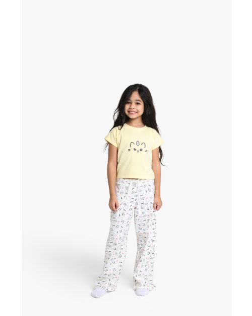 Girls Unicorn Cat Print Pajama Set - Yellow Top & White Printed Pants 1