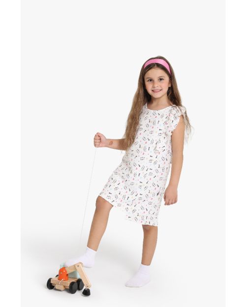 Girls Printed Sleeveless Dress with Ruffle Shoulders 1
