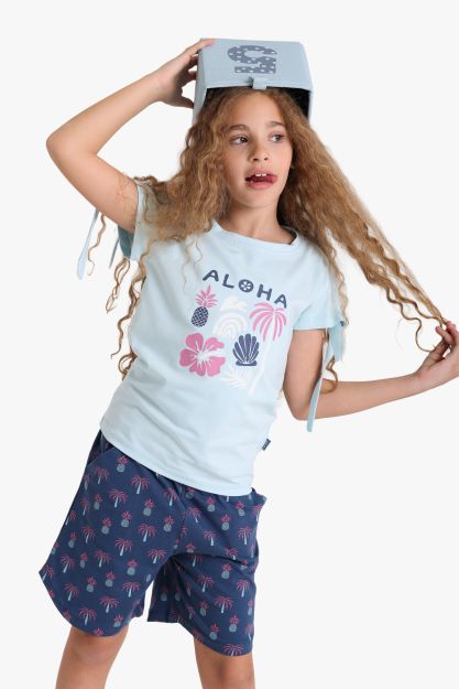 Girls Aloha Tropical Print Short Sleeve T-Shirt and Shorts Pajama Set 1