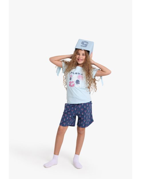 Girls Aloha Tropical Print Short Sleeve T-Shirt and Shorts Pajama Set 1