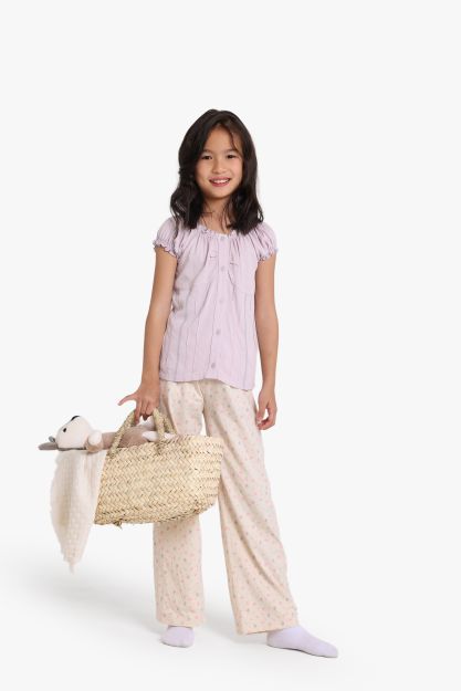 Girls 2-Piece Floral Pajama Set - Lavender Top & Cream Floral Pants 1