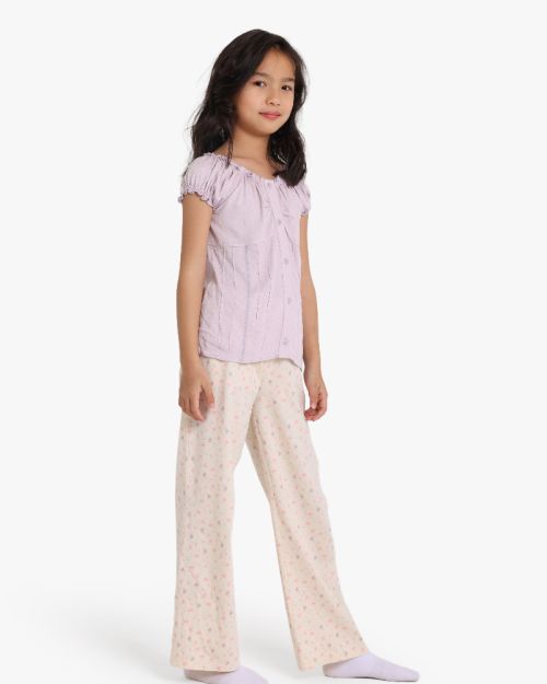 Girls 2-Piece Floral Pajama Set - Lavender Top & Cream Floral Pants 1