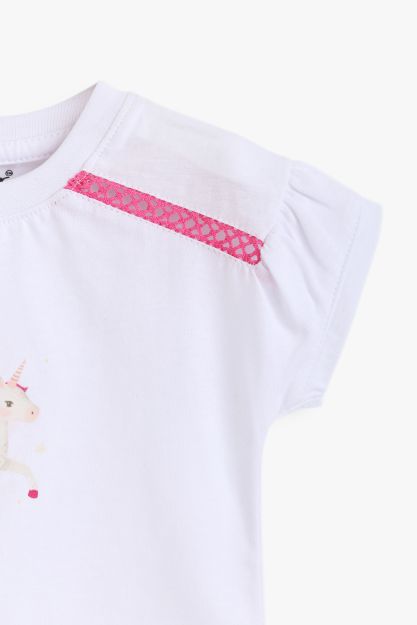 Girls White Unicorn Print T-Shirt with Pink Lace Detail 1