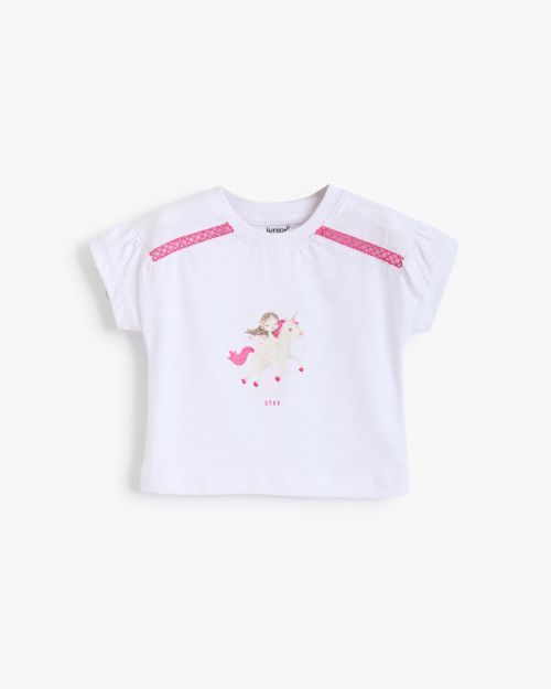 Girls White Unicorn Print T-Shirt with Pink Lace Detail 1