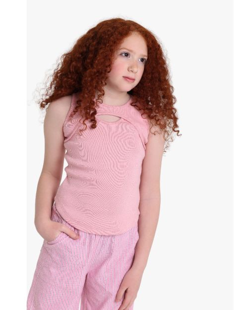 Girls Pink Ribbed Sleeveless Top & Striped Wide-Leg Pants Set 1