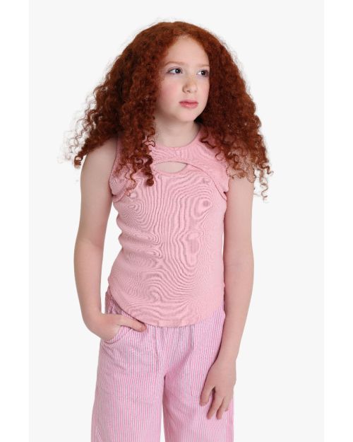 Girls Pink Ribbed Sleeveless Top & Striped Wide-Leg Pants Set 1