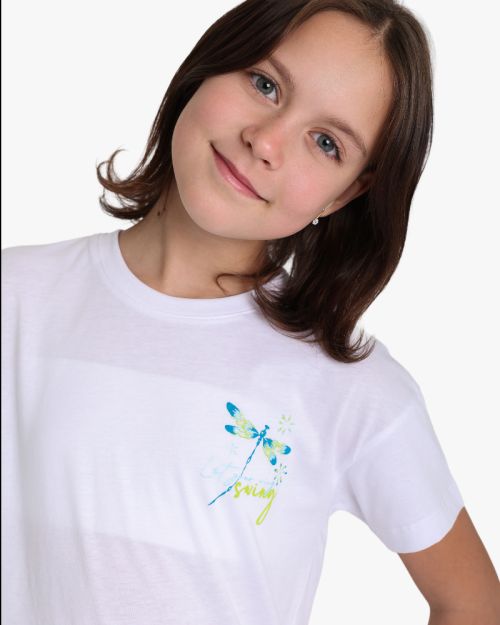 Girls white short-sleeve cotton t-shirt with colorful dragonfly graphic print 4 yrs Front | Locafy