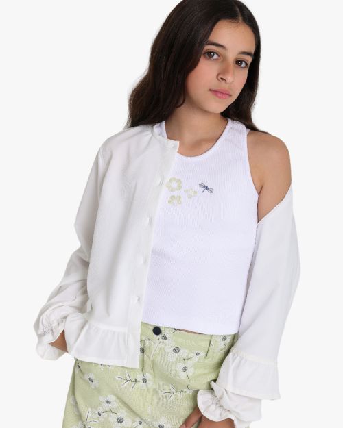 Girls white ribbed crop tank top with floral and dragonfly embroidery - Locafy kidswear 4 yrs Front | Locafy