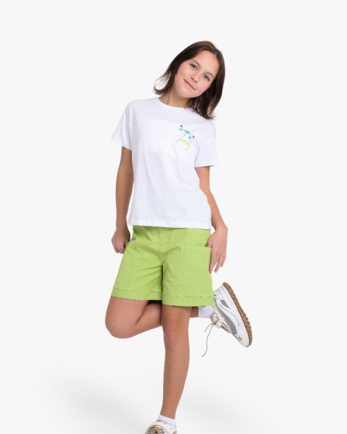 Girls lime green cotton chino shorts with large patch pockets and cuffed hem 4 yrs Front | Locafy