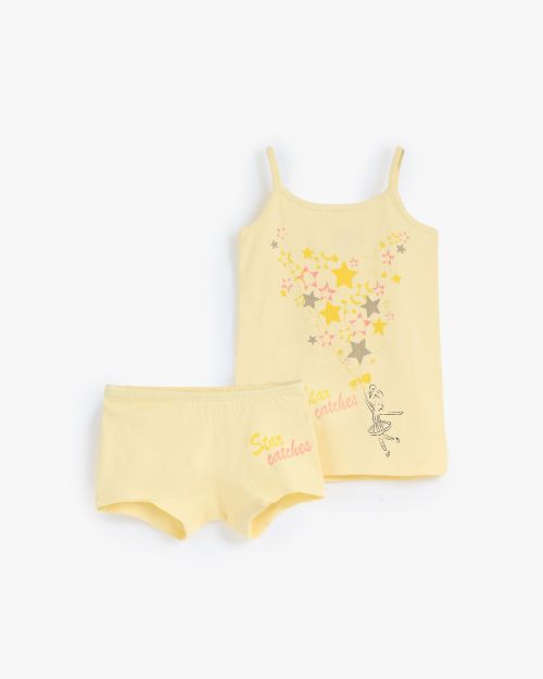 Girls yellow printed cotton cami and boyshort underwear set with fairy star graphic 6 yrs Front | Locafy