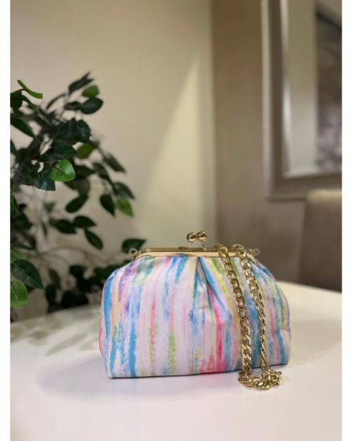 "Aesthetic Watercolor Pastel Clutch Bag with Gold Chain Strap | Vintage Kiss Lock Women’s Pouch"
