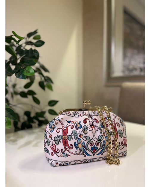 "Aesthetic Watercolor Pastel Clutch Bag with Gold Chain Strap | Vintage Kiss Lock Women’s Pouch"