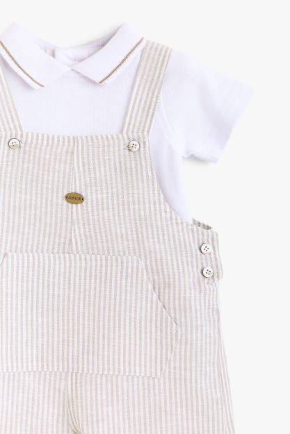 Baby boy striped dungaree shortall with white polo shirt two-piece set 3-6 mth Front | Locafy