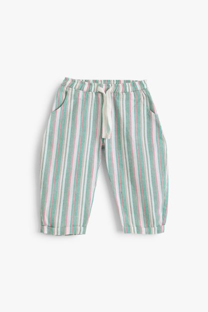 Multicolor striped woven cotton baby pants with drawstring waist and side pockets 3-6 mth Front | Locafy