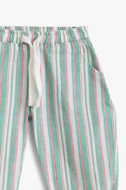 Multicolor striped woven cotton baby pants with drawstring waist and side pockets 3-6 mth Front | Locafy