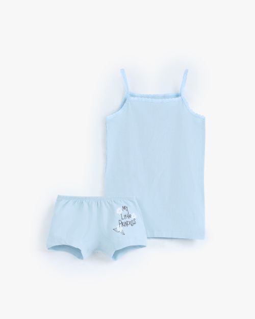 Girls light blue lycra camisole and printed boyshort underwear set 6 yrs Front | Locafy