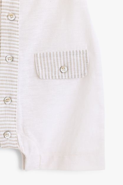 Collared two-tone seersucker and slub cotton baby boy romper with chest pockets and button front 0-3 mth Front | Locafy